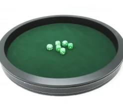 Piste de dés luxe verte et noire 40 cm tour imitation cuir avec 5 dés