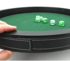 Piste de dés luxe verte et noire 40 cm tour imitation cuir avec 5 dés