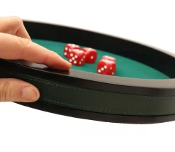 Piste de dés PRESTIGE 43 cm verte et noire tour cuir avec 5 dés de jeux
