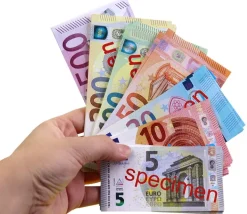 Plateau géant avec 290 pièces et billets euros factices de jeux