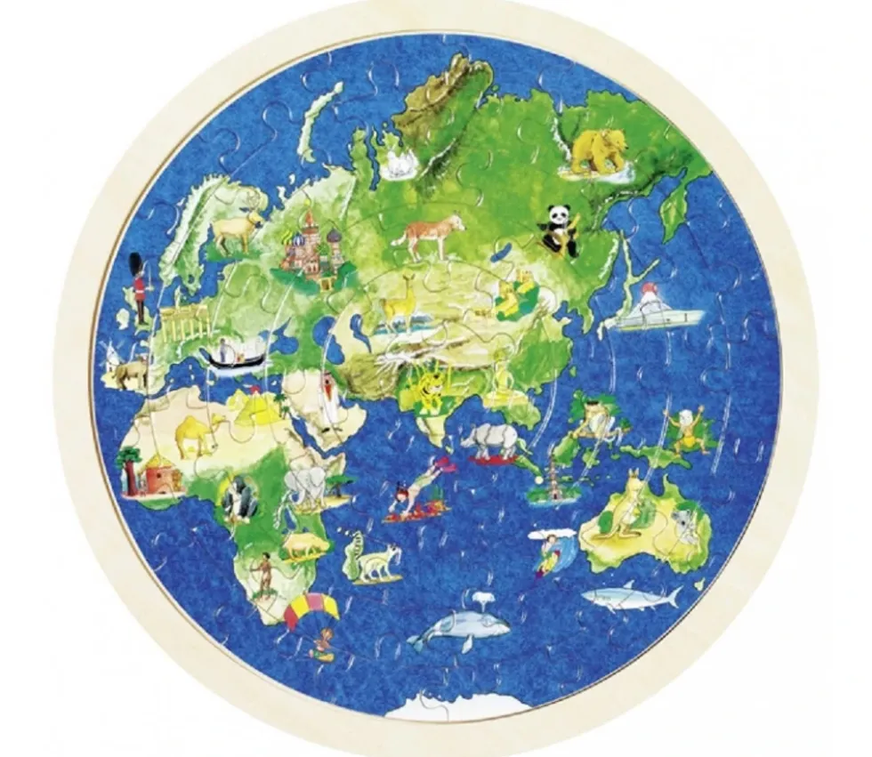 Puzzle rond en bois 57 pièces double face : les continents vus du ciel