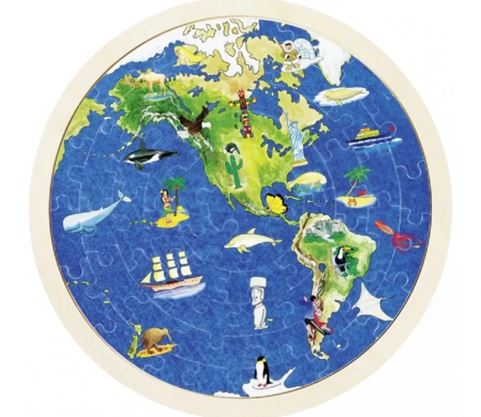 Puzzle rond en bois 57 pièces double face : les continents vus du ciel