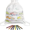 Sac à dos en coton dessin voitures à colorier 27,5 x 33,7 cm + crayons textiles