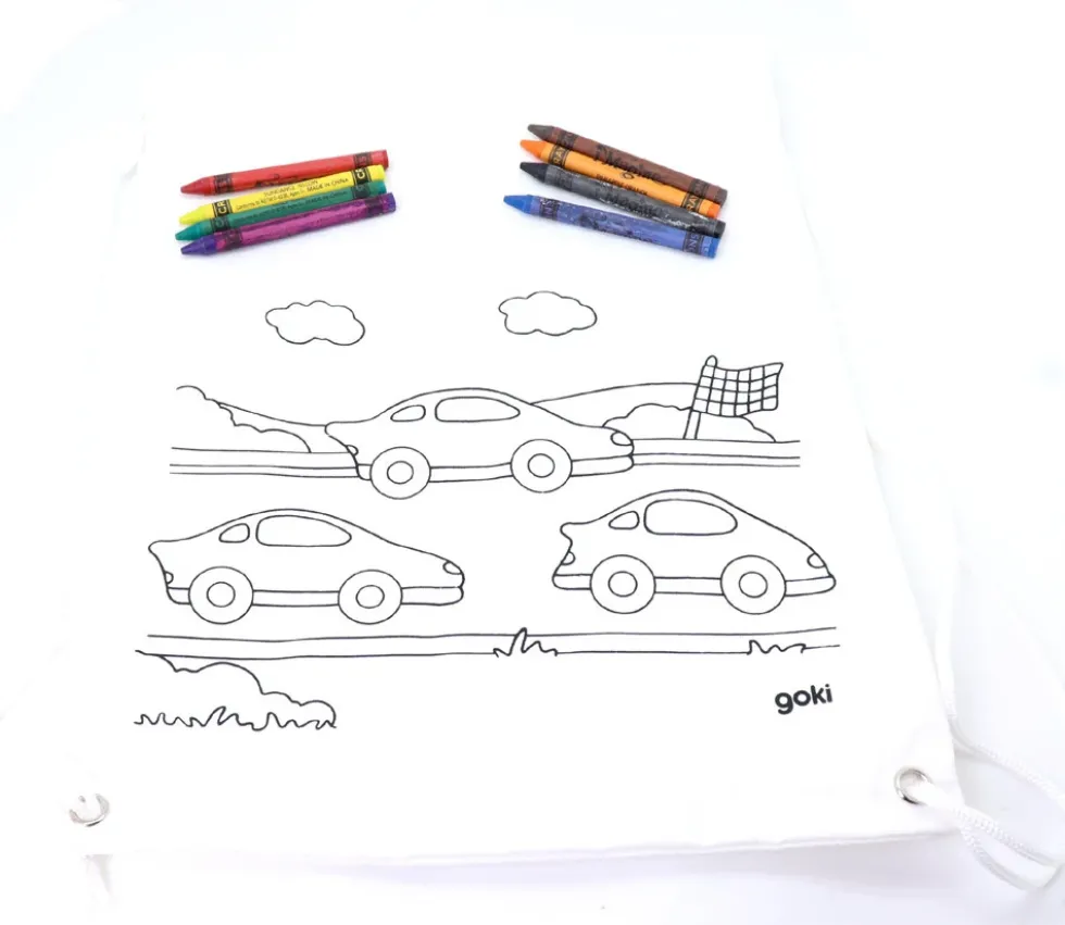 Sac à dos en coton dessin voitures à colorier 27,5 x 33,7 cm + crayons textiles