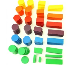 Sachet 108 Jetons jeux bois multicolores : rond, petits rectangles et grands rectangles pour mise