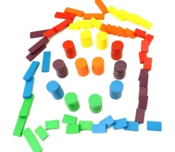 Sachet 108 Jetons jeux bois multicolores : rond, petits rectangles et grands rectangles pour mise