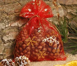 Sac organzine rouge et or 8 x 10 cm flocon