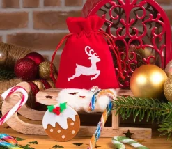 Sac velours rouge 10 x 13 cm cerf blanc - renne noël