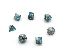 Set 7 dés multi-faces effet turquoise et argenté