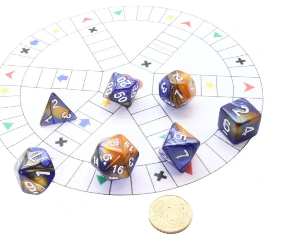 Set 7 dés multi-faces fusion bleu sombre et or