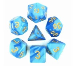 Set 7 dés multi-faces nacrés bleus