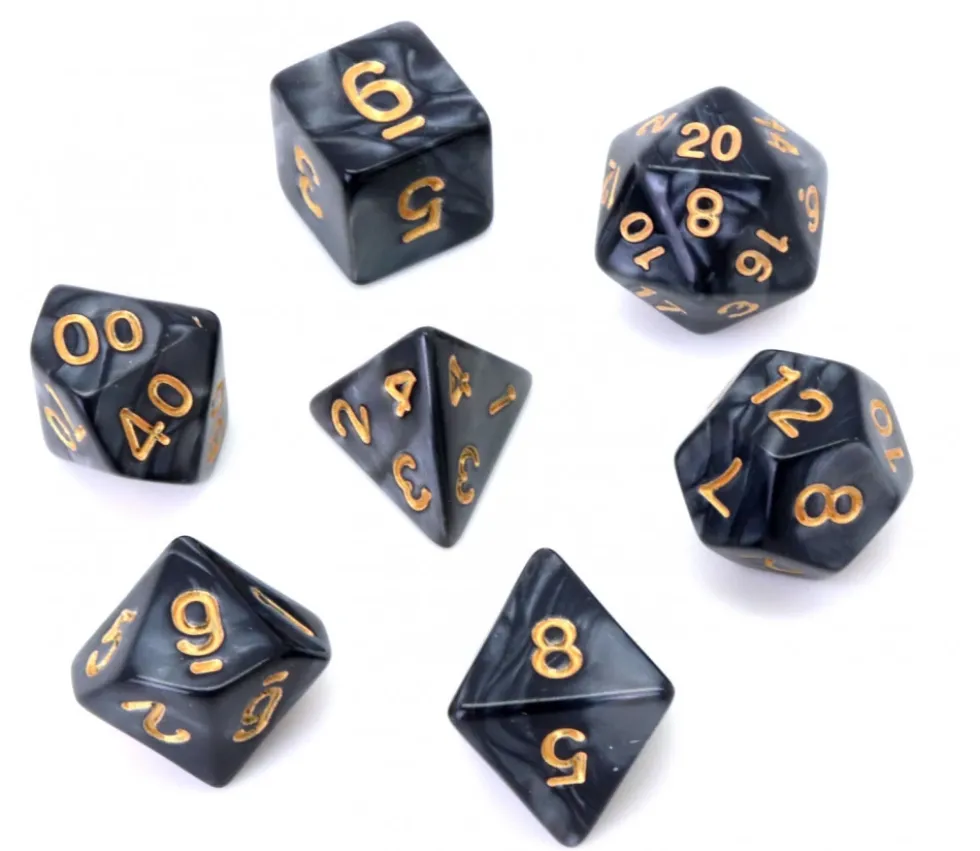 Set 7 dés multi-faces noirs nacrés chiffres or