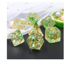 Set 7 dés multi-faces pailletés translucides green flakes