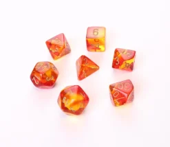 Set 7 dés multi-faces rouge et jaune translucide chiffres dorés