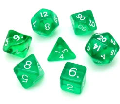 Set 7 dés multifaces translucides VERT