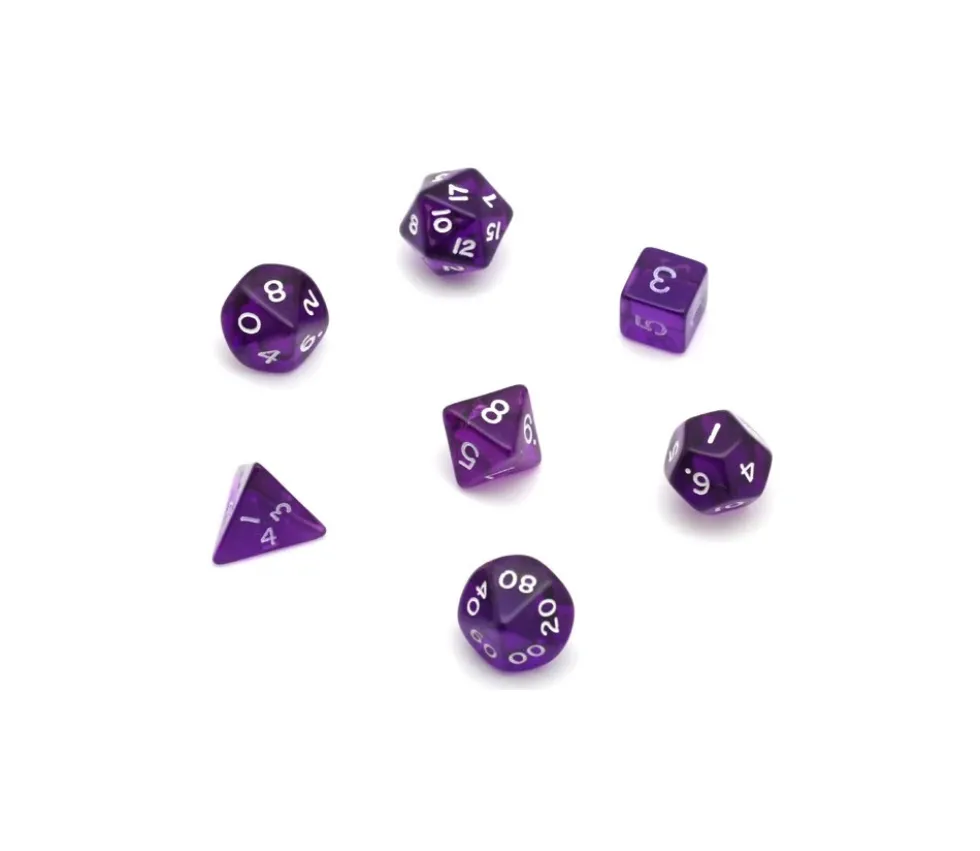 Set 7 dés multifaces translucides VIOLET