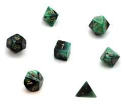 Set 7 dés multi-faces vert-noir gravage doré.