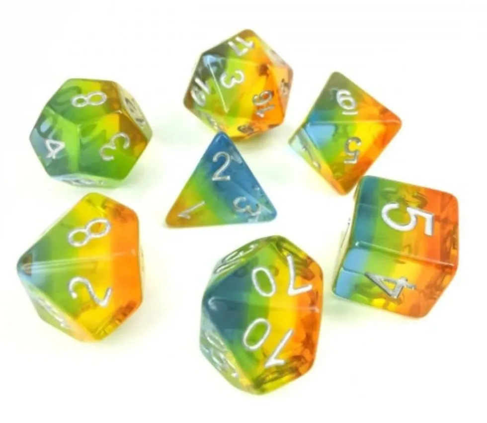Set 7 dés multi-faces yellow aurora translucides multicolores