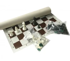 Set Jeu Echec complet taille 5 : 32 pions + échiquier enroulable 49 x 49 cm marron blanc