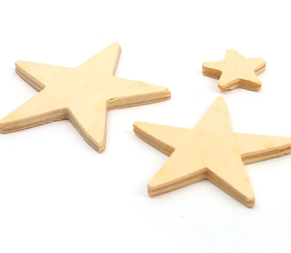 11 étoiles bois plates différentes tailles de 2.3 cm à 7.5 cm neutres